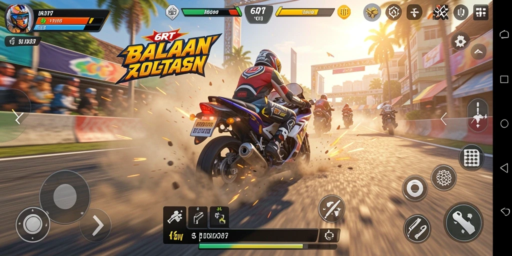 Gameplay balapan motor yang intens dan seru.