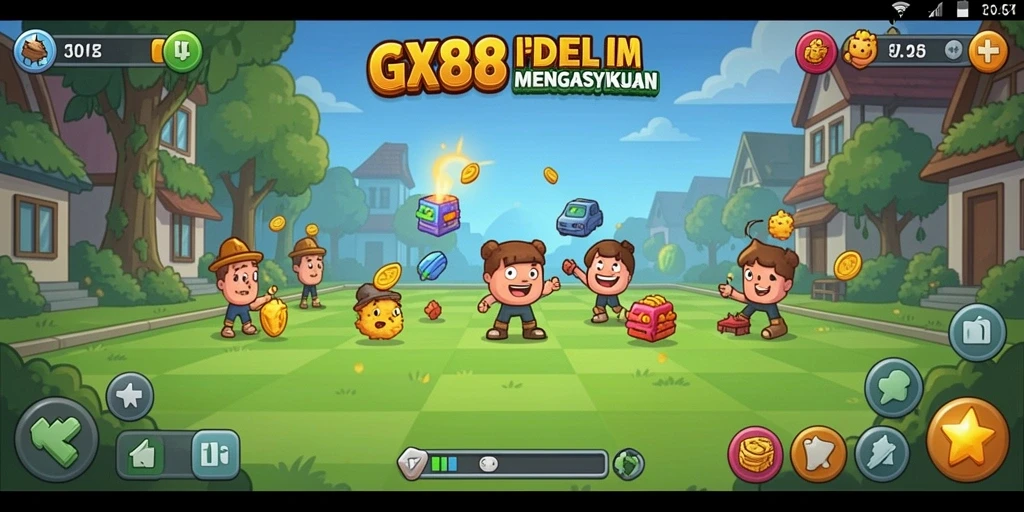 Tampilan gameplay GX88 dengan karakter lucu dan fitur Idle yang menarik.