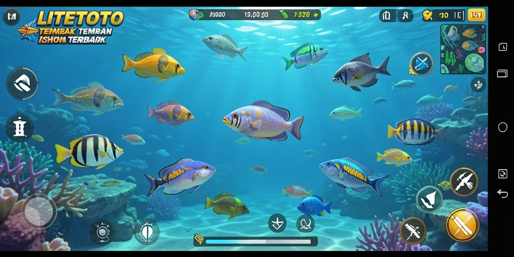 Tampilan gameplay seru LITETOTO dengan berbagai ikan dan senjata.