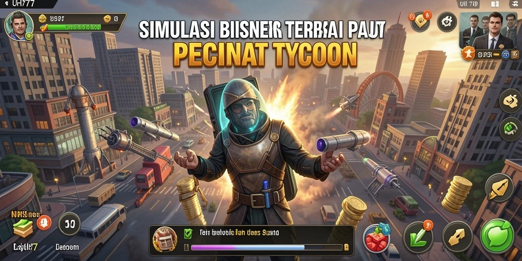 Tangkapan layar gameplay UH77 menunjukkan pengalaman mengelola bisnis Tycoon yang seru.